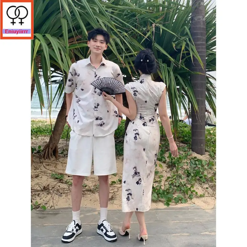 QiPao Cheongsam Dresses New 2025 Summer Sleeveless Cute Honeymoon Date Women Flower Pencil Split Slit Couple Clothes Shirt Dress