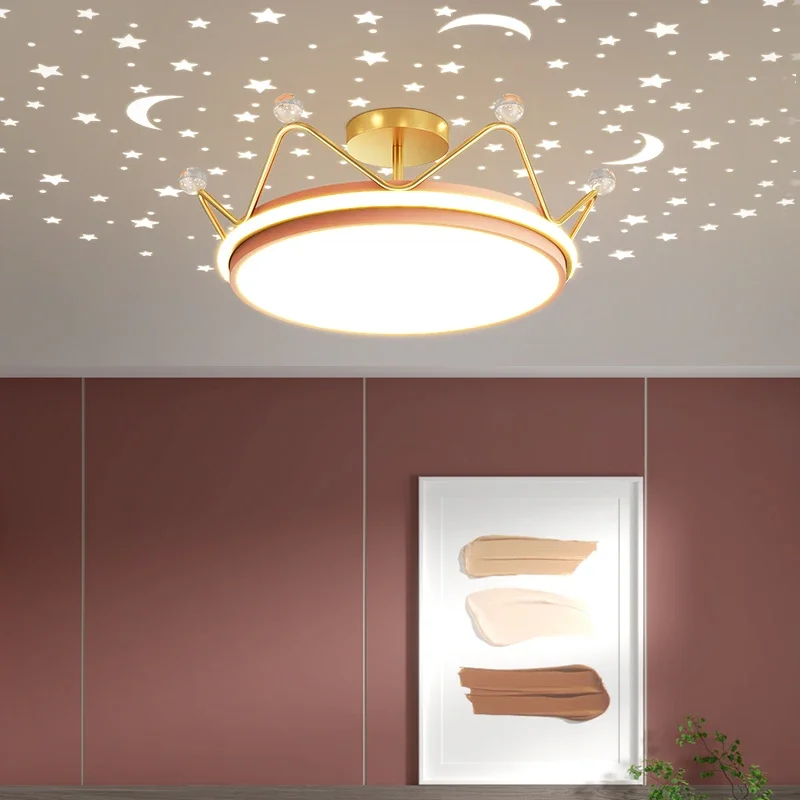 Lámpara de araña de corona de princesa, luz nocturna estrellada, colgante de luna de estrella regulable, lámpara de techo de estudio para dormitorio de niños, decoración de habitación de niñas