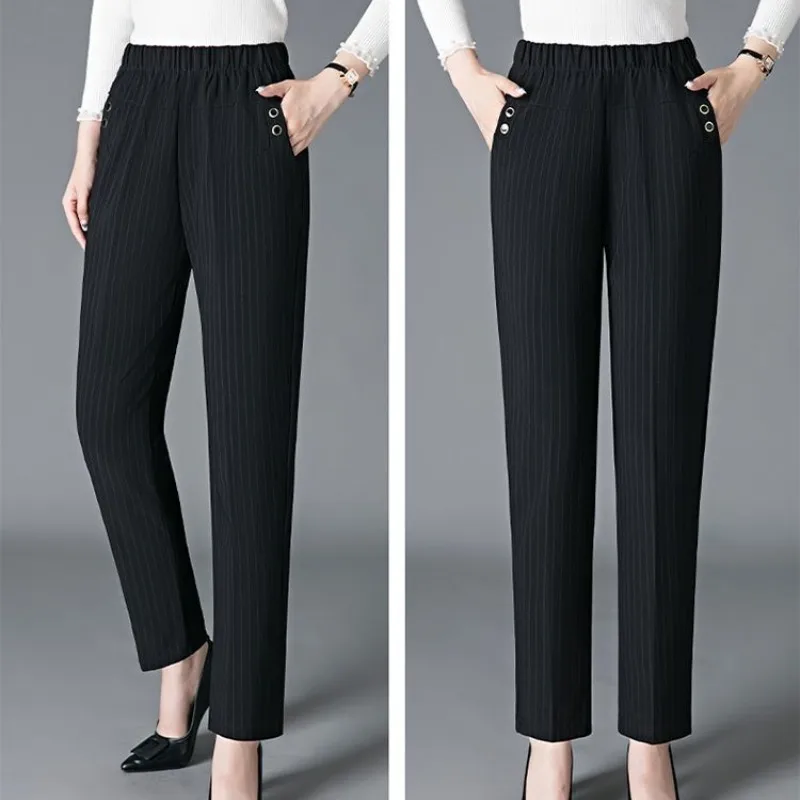 

Trousers Straight Elastic High Waisted Button Solid Color Striped Pockets Women's Clothing Office Lady Spring Autumn Pants