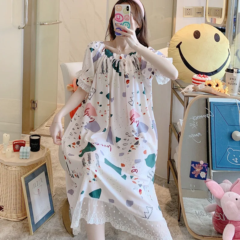 Wide Suspender Nightdress Women Summer Thin Cotton Silk Pajamas Night Gown Sexy Sleepwear