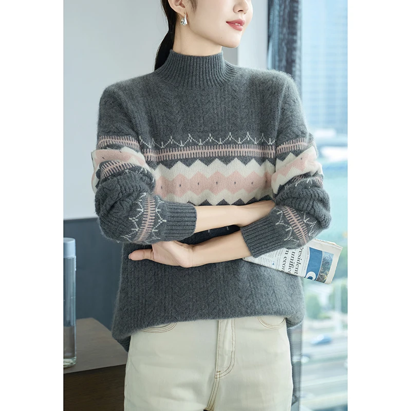 Winter Color Matching Thickened 100% Pure Wool Sweater Women's Semi-High Neck Loose Knitted Cashmere Bottoming Shirt