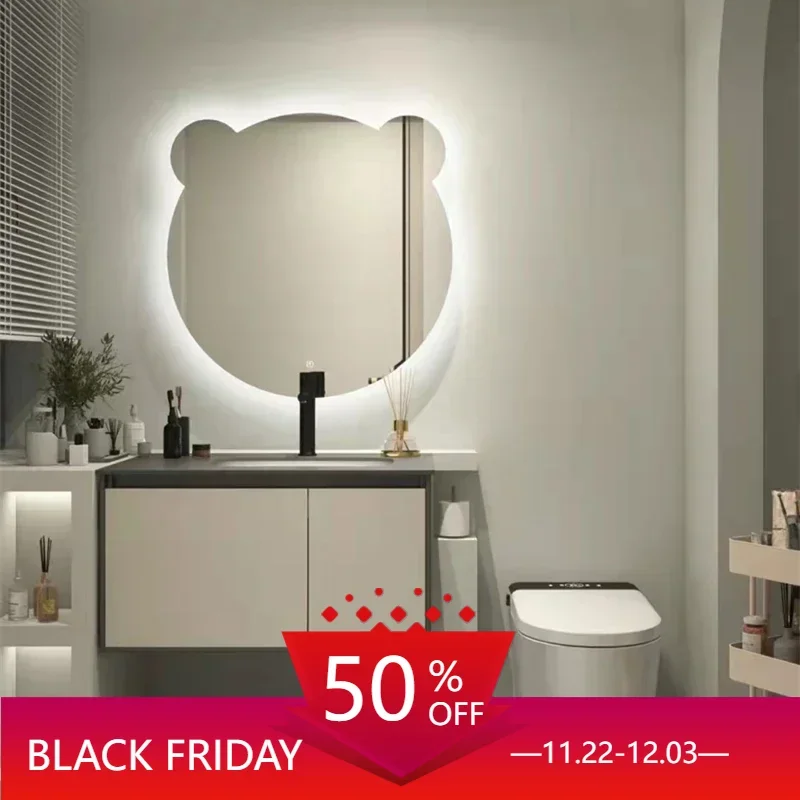 Nordic Wall Smart Bear Mirror Bathroom Cute Luminous Lamp Dressing Table Makeup Mirror Touch Switch Espejo Led Bath Mirror