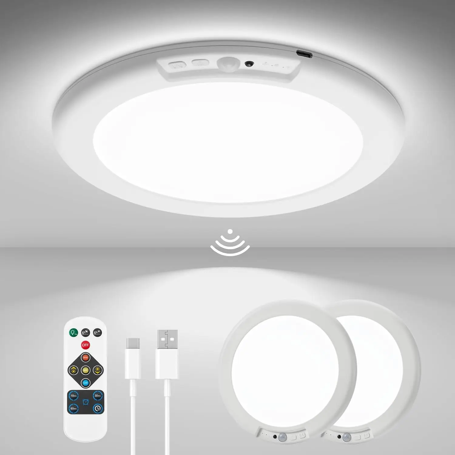 

2Pack Round Motion Sensor Ceiling Lights, Remote Control, Rechargeable Battery, Wireless LED, Adjustable Colors, Indoor Use