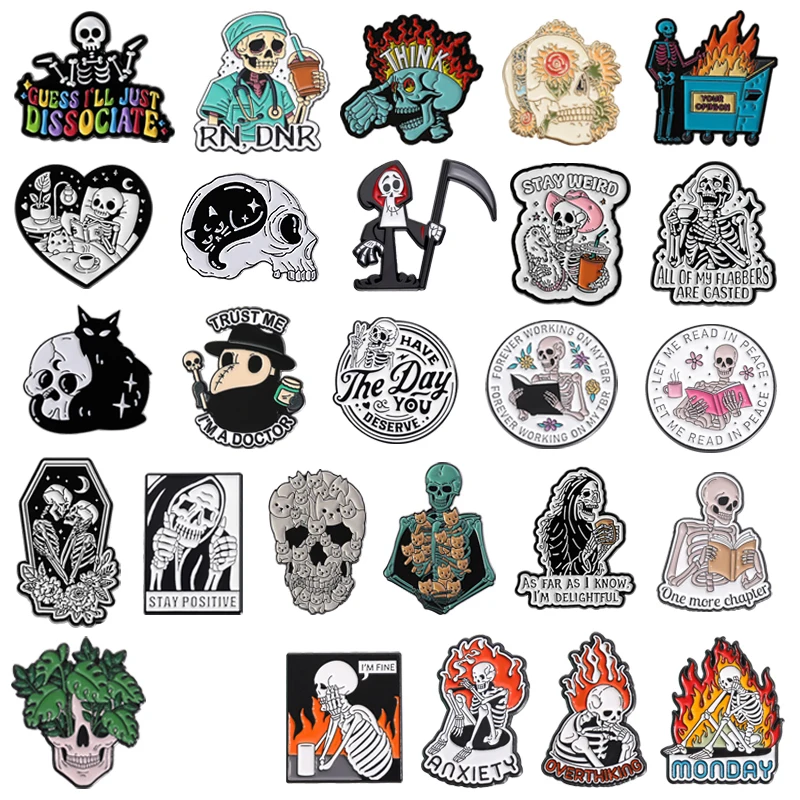 Gothic Skull Enamel Pins Stay Weird Overthinking Skeleton Reading Book Brooches Lapel Badge Halloween Jewelry Gifts For Friends