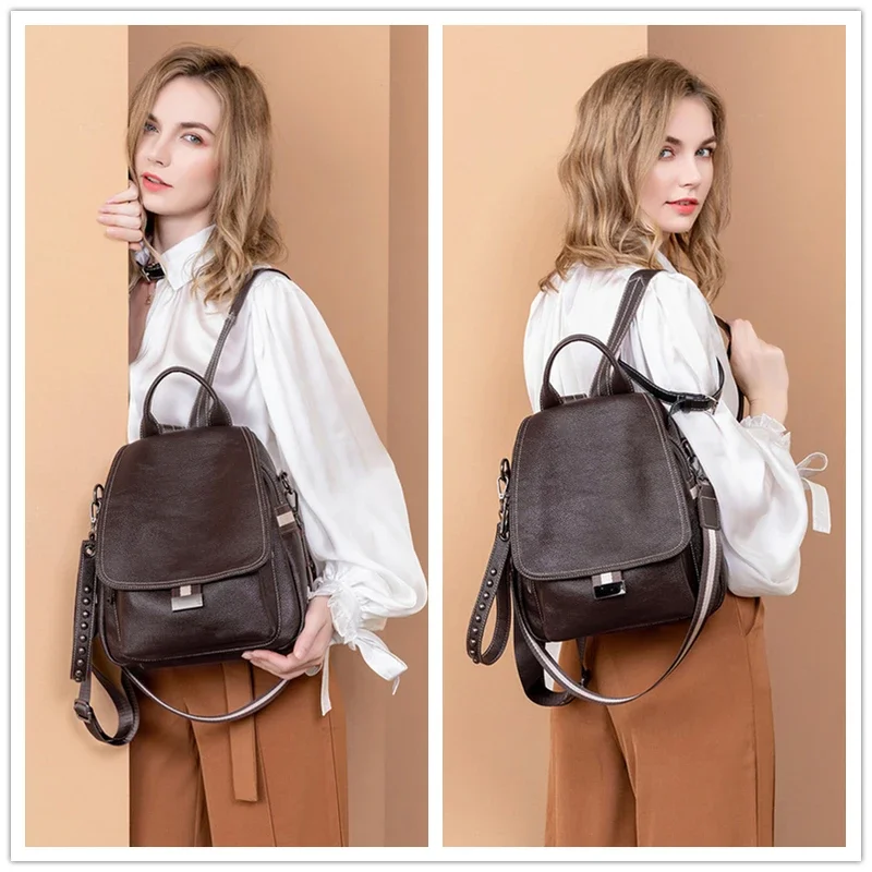 Genuine Leather Backpack Ladies Fashion Bag Pack Anti Theft Travel Bags Urban Soft Vintage Backbag Punk Style Street Personality