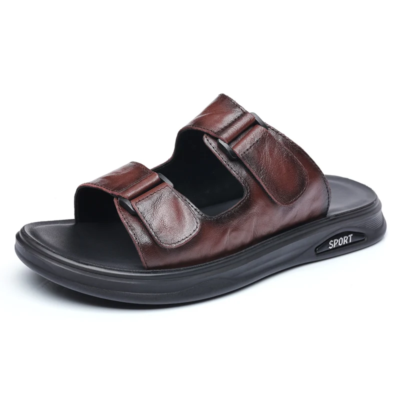 Sandal kulit sapi pria lapisan pertama musim panas sandal luar ruangan sandal sejuk tahan aus flip-flop pria jes014