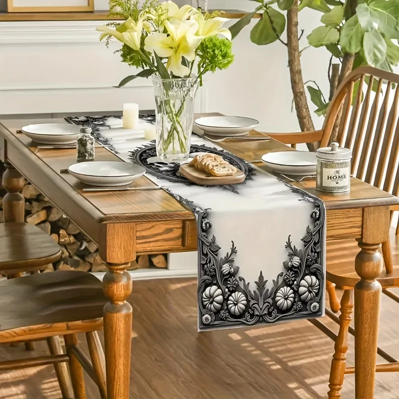 قطعة واحدة من مفرش طاولة تحت عنوان الهالوين، نمط جمجمة واليقطين - تصميم ديكور أبيض وأسود، مناسب للحفلات والمطاعم والمنازل والأسواق ومشاهد تزيين العطلات.