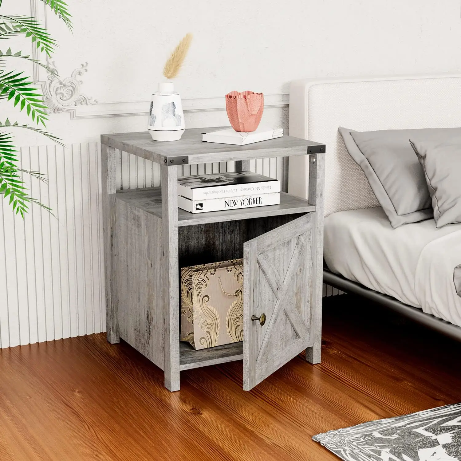 with Charging Station, Grayish White End Table Bedroom with Storage Living Room Side Table Beige Night Stand Industrial