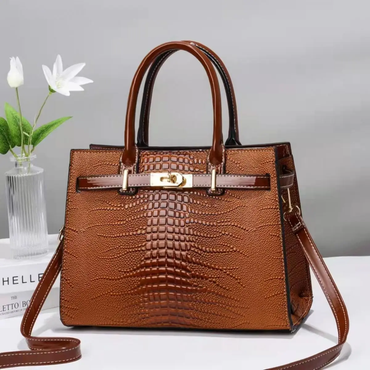 2024 new Kelly shiny leather European and American fashion large capacity single shoulder crossbody handbag