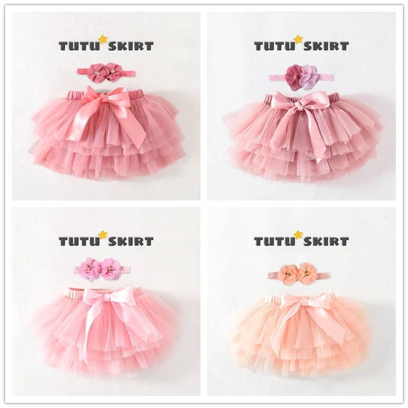 Gonna Tutu per bambina 2 pezzi Tulle Bow Bloomers pannolino copertura neonato abiti Mauv fascia fiore Set Baby Soft Mesh Bloomer