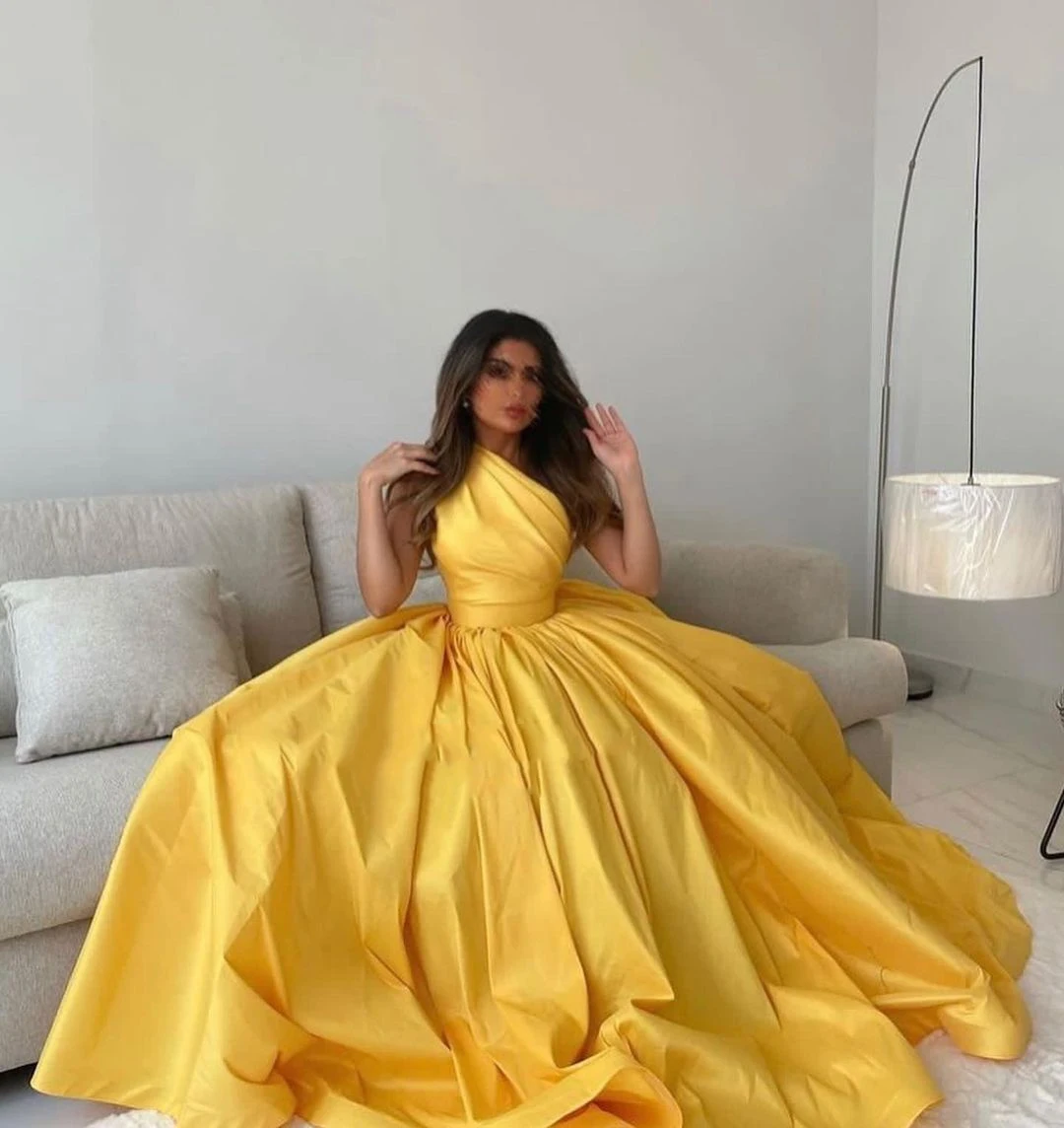 فستان سهرة عربي من الساتان الذهبي بدون أكمام بكتف واحد للحفلات الرسمية فساتين حفلات الطيات فستان المشاهير Duvai #2