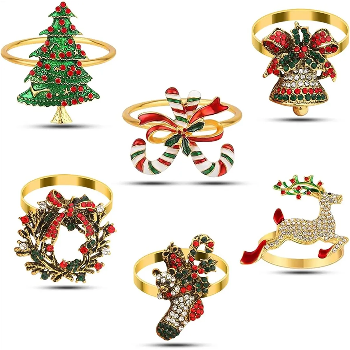 HITL 6pc Christmas Napkin Rings Set,Metal Napkin Ring Holder Bluk for Xmas Party Favor Holiday Winter Dinner Table Decoration