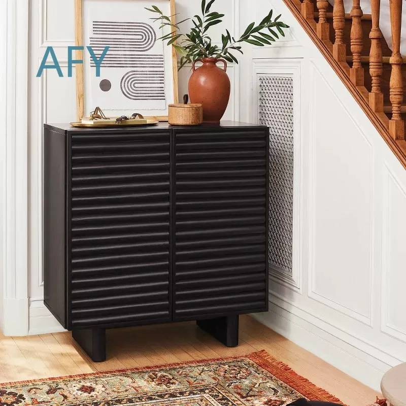 Custom Double Door Groove Black Living Room Cabinet for Dining Side Storage Locker Cabin Furniture for Home Office Decor