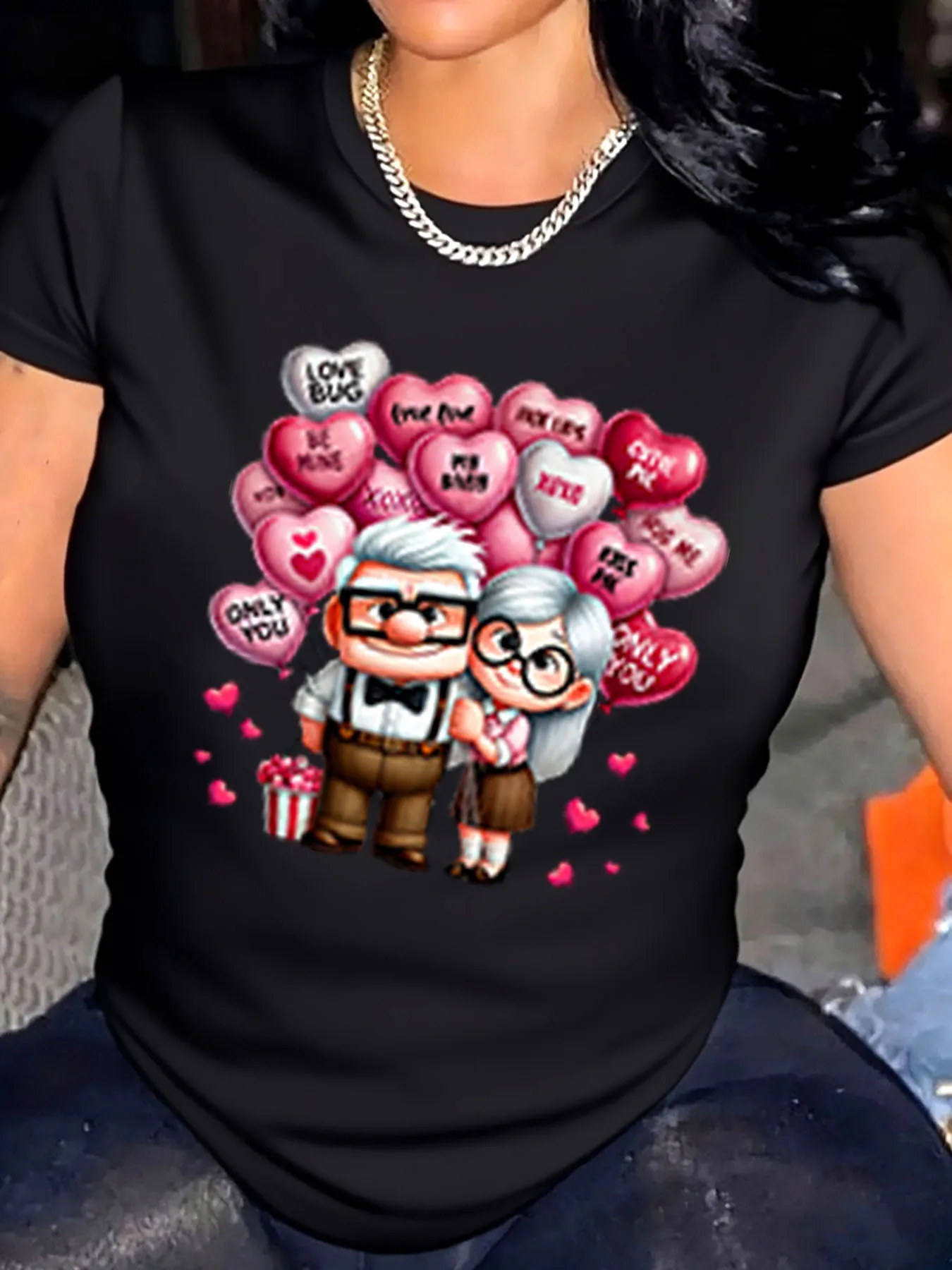 Camiseta de talla grande para mujer, pareja de ancianos bonita para el Día de San Valentín con corazones y mensajes de amor, ropa estampada para exteriores