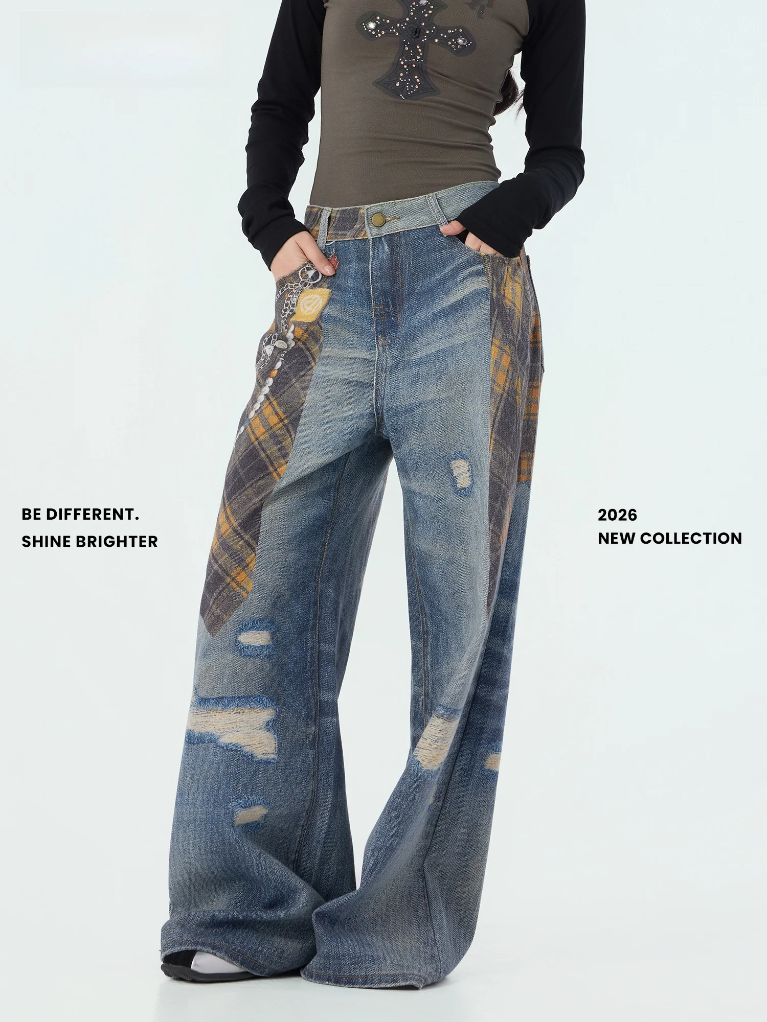 

Didimax Spring New Natural Waist Distressed Denim Pants Floral Print Loose Hole Vintage Long Trousers Women's Cotton Jeans