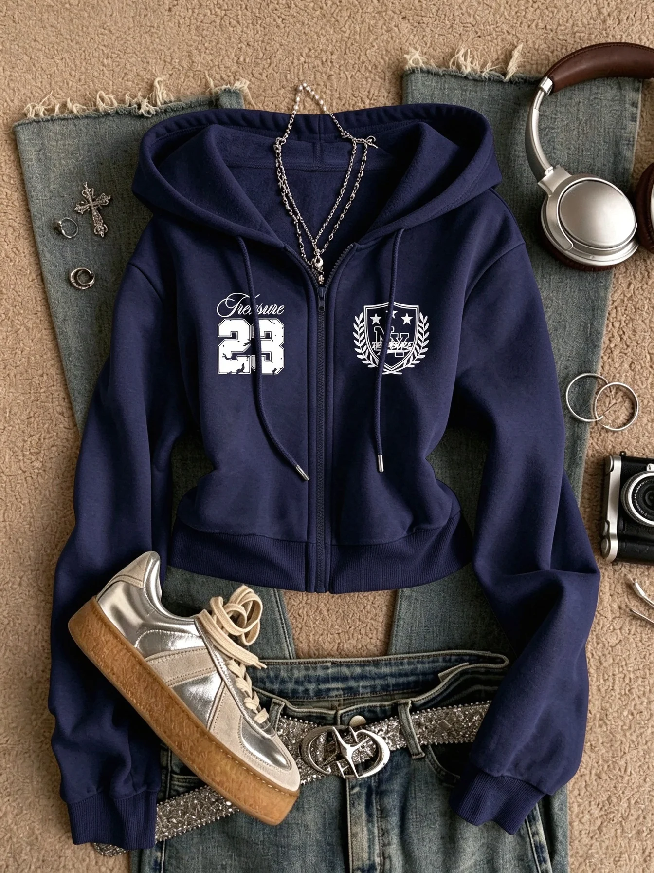 Women's Short Zip-Up Hoodie, Preppy Style Number Badge Print Short Zip ...