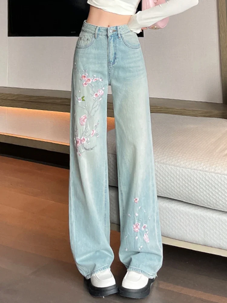 Summer New Elegant Embroidery Fashion Casual Female Jeans Chic Washed Vintage High Waist Loose Simple Basic Straight Women Jeans