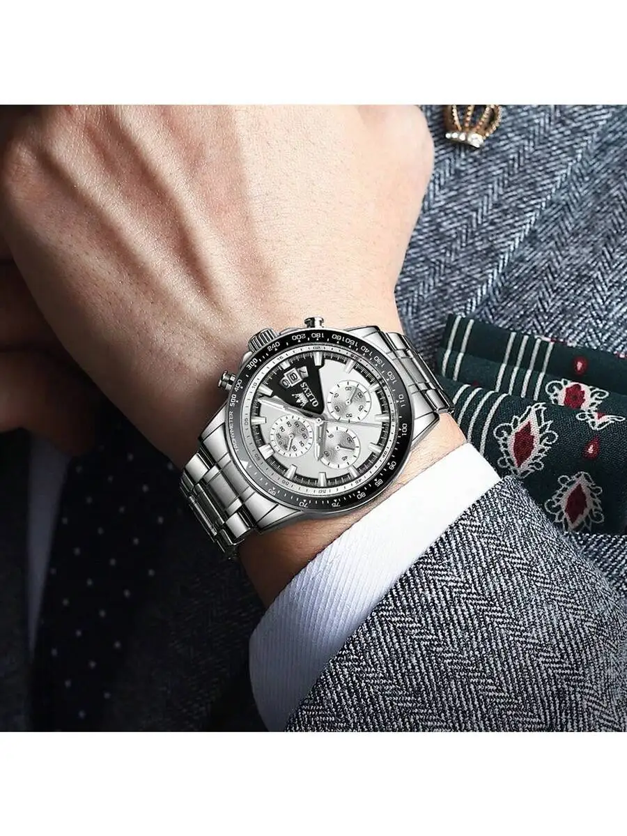 OLEVS. OLEVS Watches For Men Big Face Analog Quartz Business Dress Chronograph Multifunction Stainless Steel Calendar