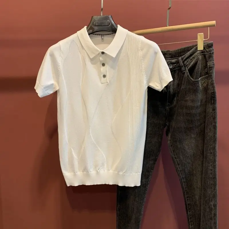 

Американская летняя новинка 2025: Мужская тонкая трикотажная рубашка с коротким рукавом, повседневная, модная, однотонная, с вышивкой, приталенная, для бизнеса.