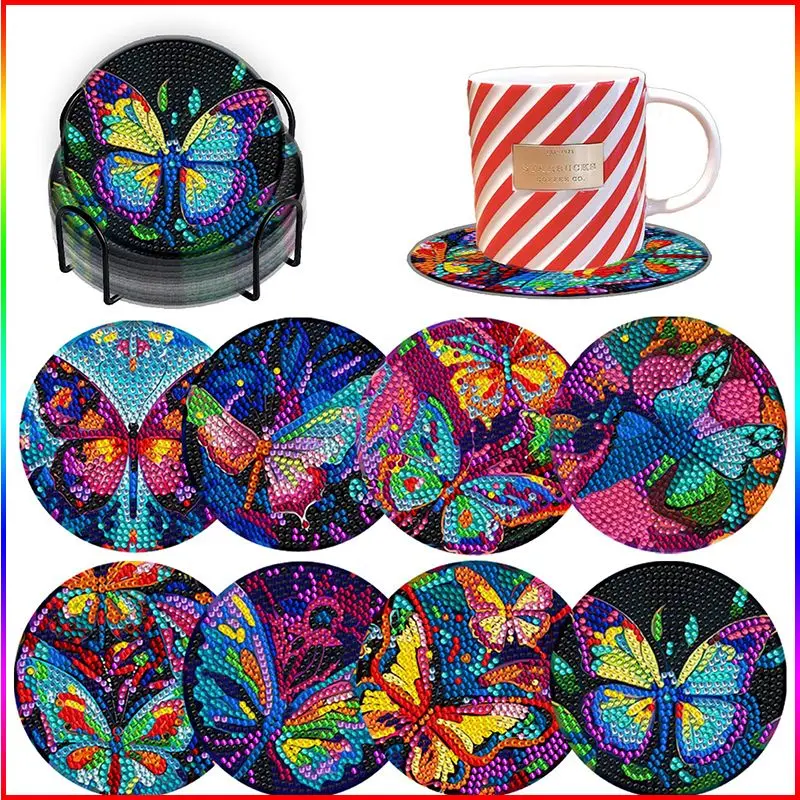 

CHENISTORY 8Pcs Butterfly Diamond Painting Coaster Handmade DIY Round Acrylic Diamond Heat Insulation Mat Cork Bottom