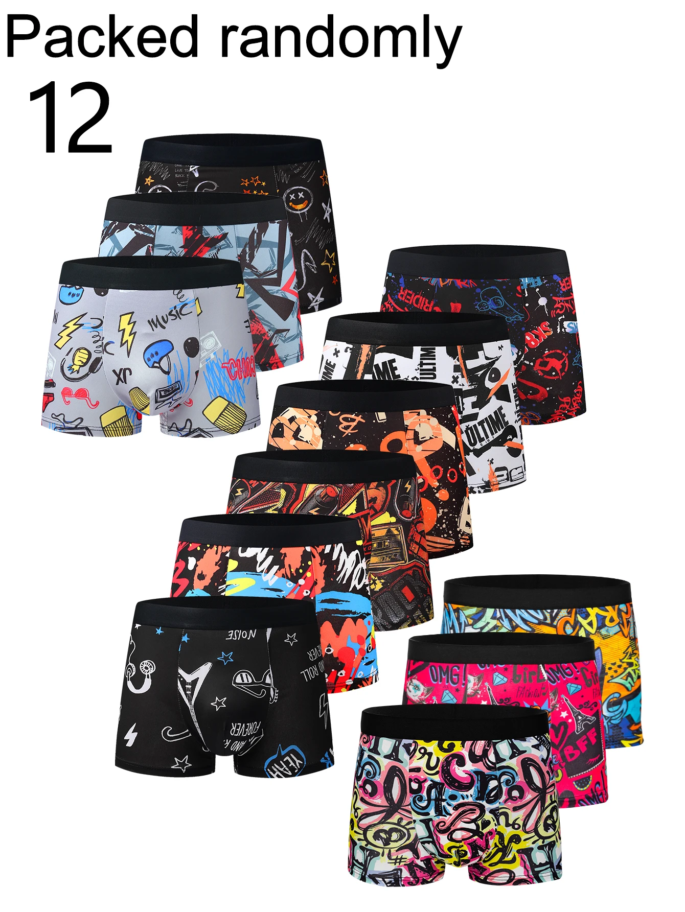 12-Pack Men's Boxer Briefs Street Art Graffiti Print Youth Fashionable Comfortable High Elasticity Assorted Colors Random Delive