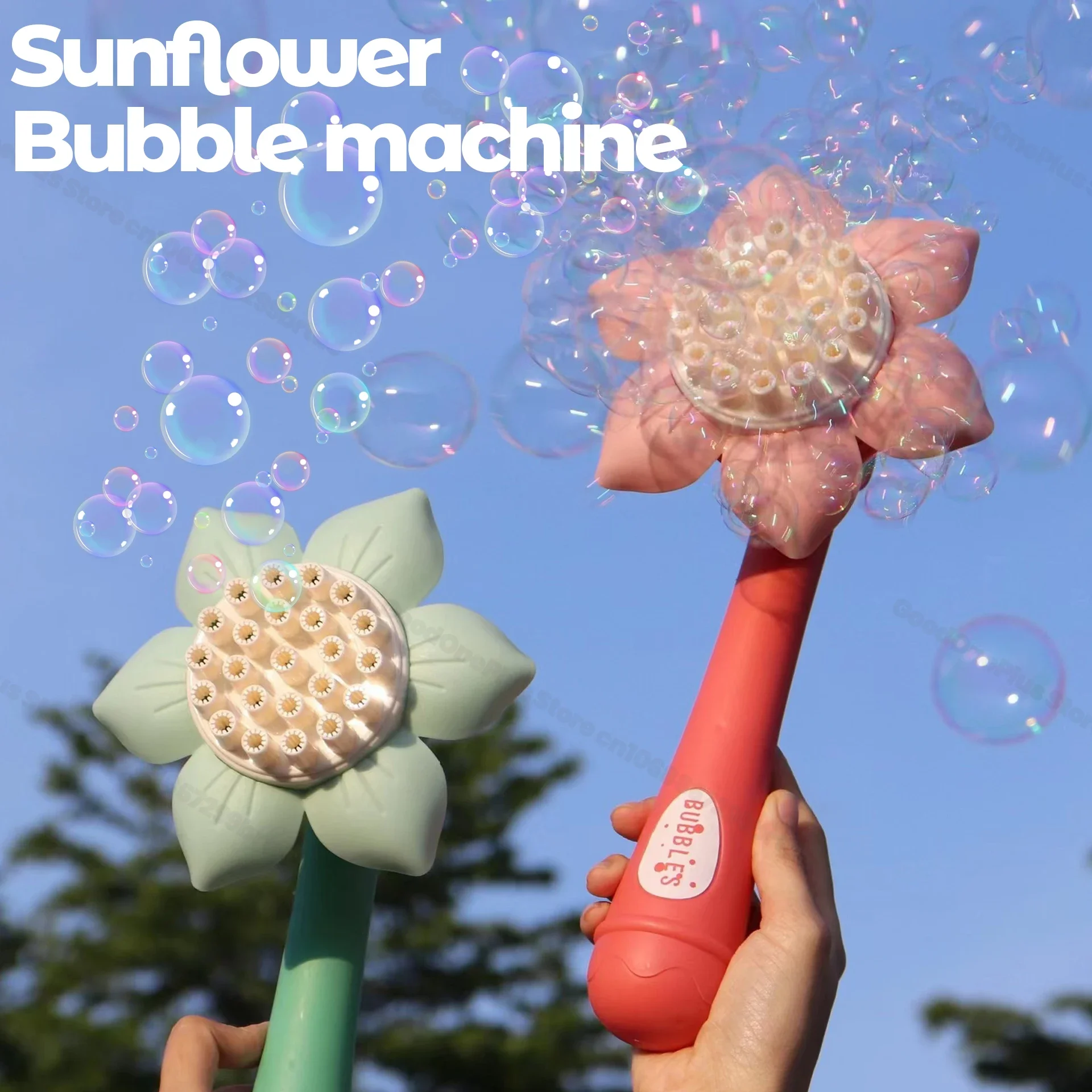 Máquina elétrica de bolhas de sabão com 23 buracos, girassol, brinquedos ao ar livre para crianças, sopro de bolhas, brinquedos de flores para meninas