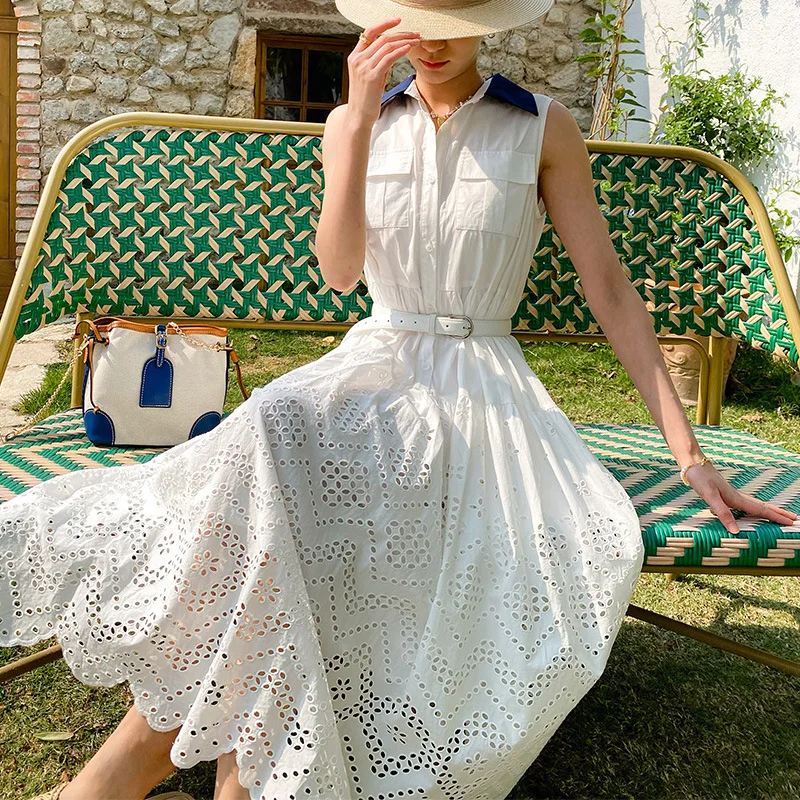 

Bohemian style embroidered dress for women summer sleeveless lapel vest midi dresses slim fit women's holiday dress 2025