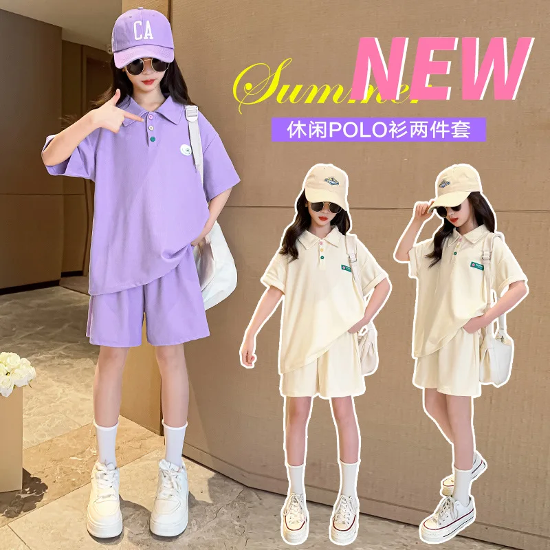 2024 Girls' Summer Set 2024 New Children's Academy Style Polo Neck Sleeve T-Shirt Loose Sports Short