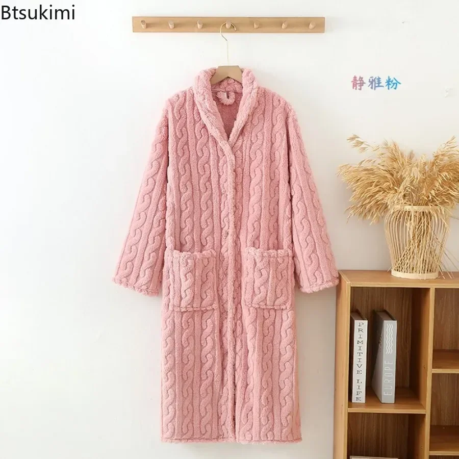Autumn Winter Women Warm Flannel Robe Ladies Soft Bathrobe Female Long Sleeve Dressing Gown Warm Fleece Robes Simple Home Cloth