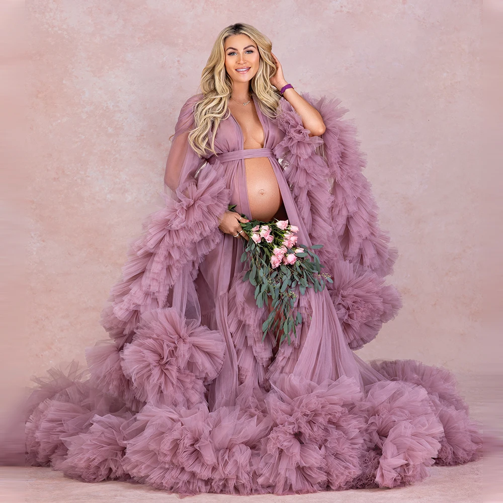 

Customized Maternity Dress for Photoshoot Tulle Ruffled Pregnant Women's Prom Dresses Baby Shower Gowns Front Split Long Robes