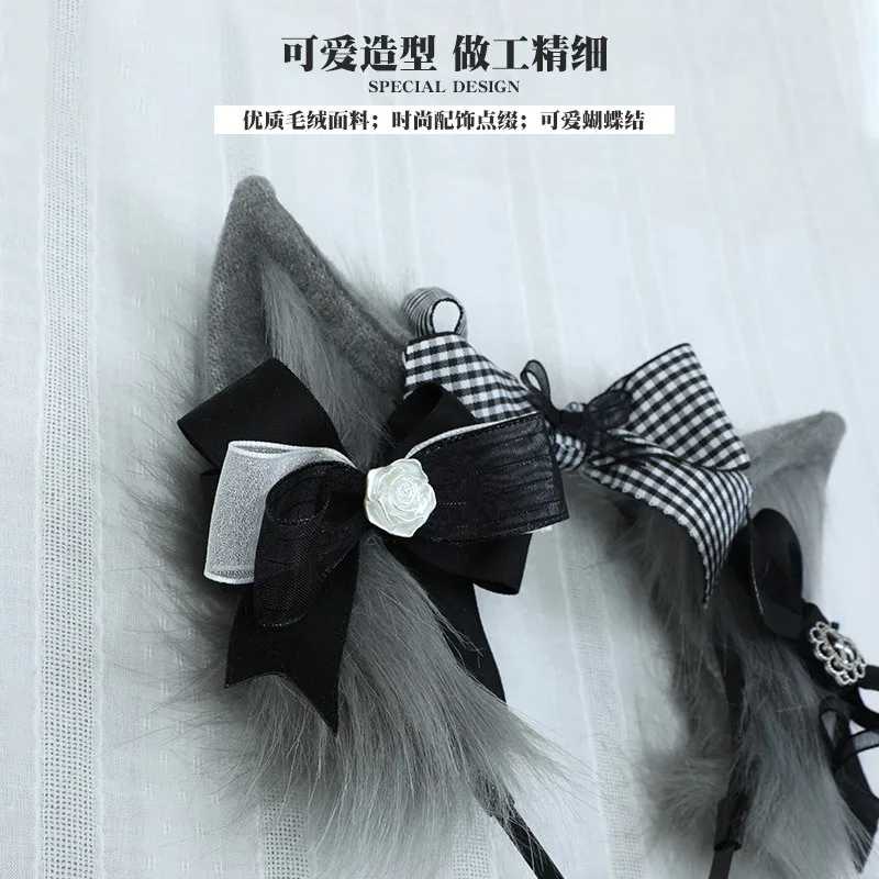 แมวหู Headband คอสเพลย์สีเทาสตรอเบอร์รี่ฟ็อกซ์หู Headdress หวานน่ารักสาว Lolita อุปกรณ์เสริมแมวหู Headdress