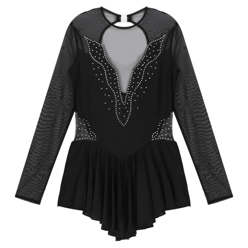 RT01 #   S-XL женское блестящее платье для фигурного катания со стразами, прозрачное сетчатое лоскутное трико с длинными рукавами и рюшами, юбкой Dancew & Gf