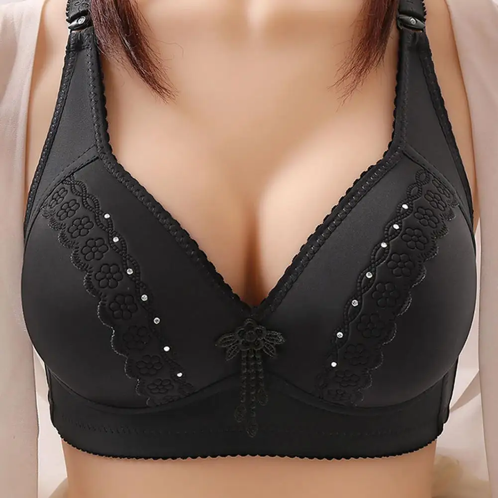 Wire-free Push-up Bra Mid-aged Women's Lace Push Up Sports Bra with Wide Shoulder Straps Padded No Wire Design for Comfortable