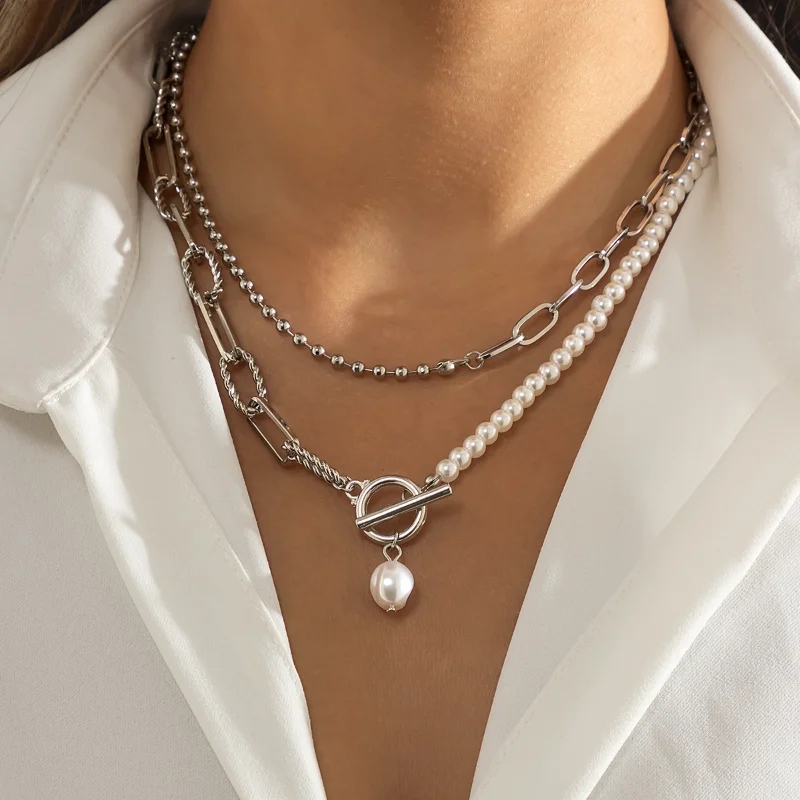 Dainty Vintage Layered Baroque Pearl OT Clasp Necklace Set Stacking Beaded Ball Paperclip Chain Retro Necklaces for Women Girls