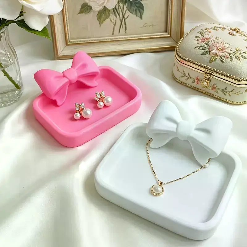 1Pcs Heart-Shaped 3D Printed Jewelry Tray With Pink Bow, Elegant Decor For Table, Sink & Office Desk, Perfect For Jewelry