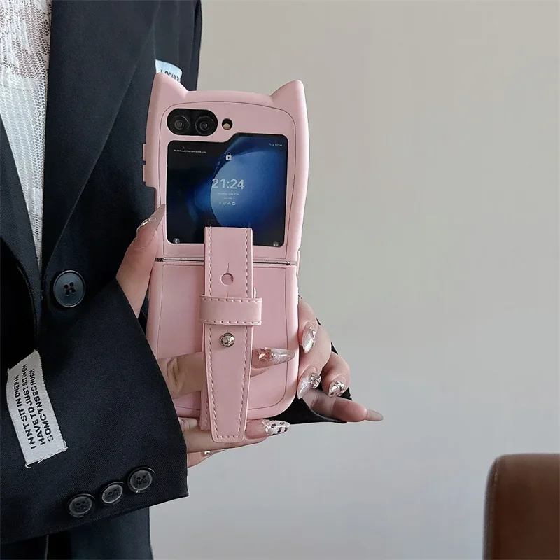 

For Samsung Galaxy Z Flip 6 5 4 3 Case ZFlip 6 Z Flip6 ZFlip6 Candy Color Leather Wristband Strap Cat Ears Back Cover