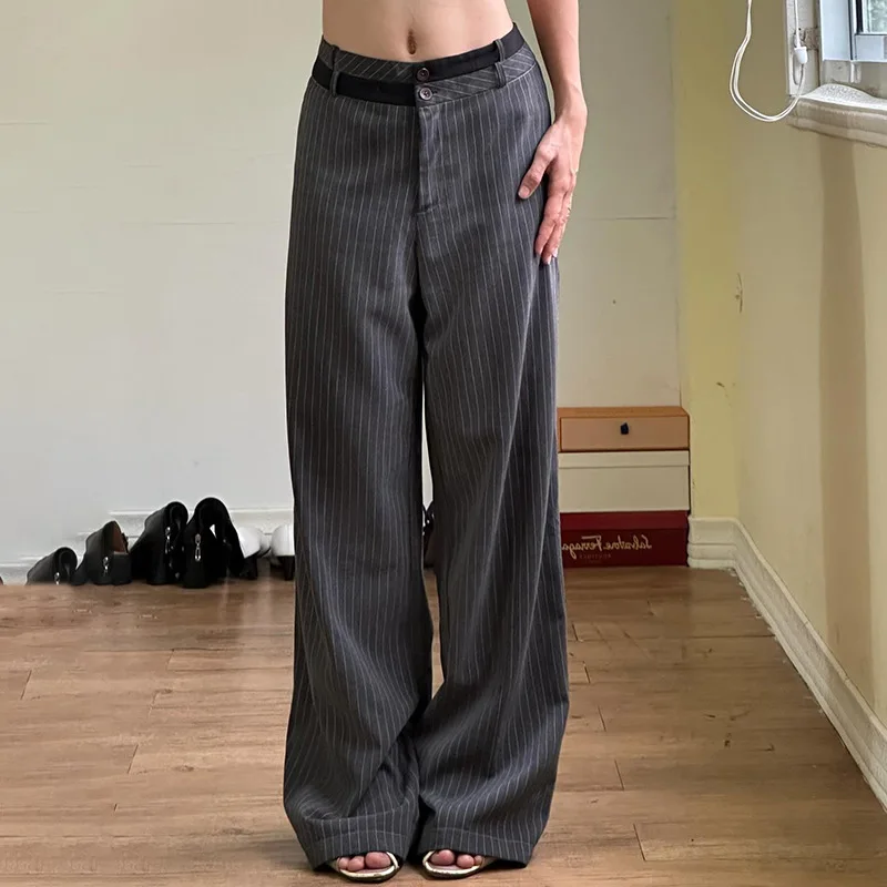 Elegant Fashion Striped Straight Pants Office Ladies Casual Loose Patchwork Wiede Leg Pants Women 2024 Summer Streetwear