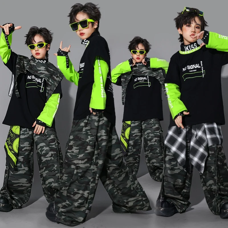 Jongens Hip Hop Kostuum Jazzdans Outfit Groen Zwart Top Camouflage Broek Kinderen Prestaties Outfit Street Dance Kleding 2536