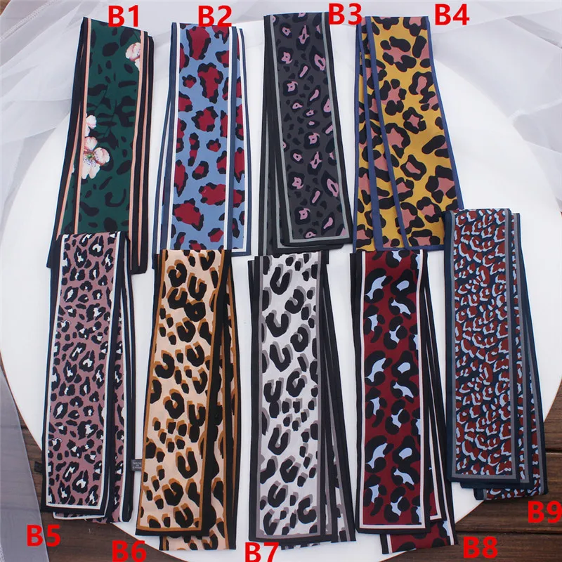 Bufanda con estampado de leopardo para mujer, pañuelo de seda ajustado con asa pequeña, cintas para bolso, pañuelo para la cabeza y envolturas,