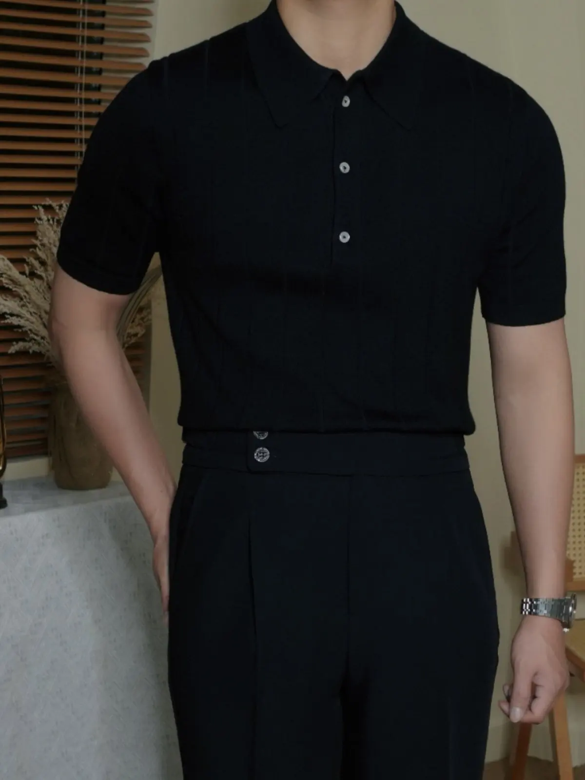 

Облегающая рубашка поло с большим вырезом в черную полоску с коротким рукавом, вязаный свитер, британская повседневная серая футболка с лацканами