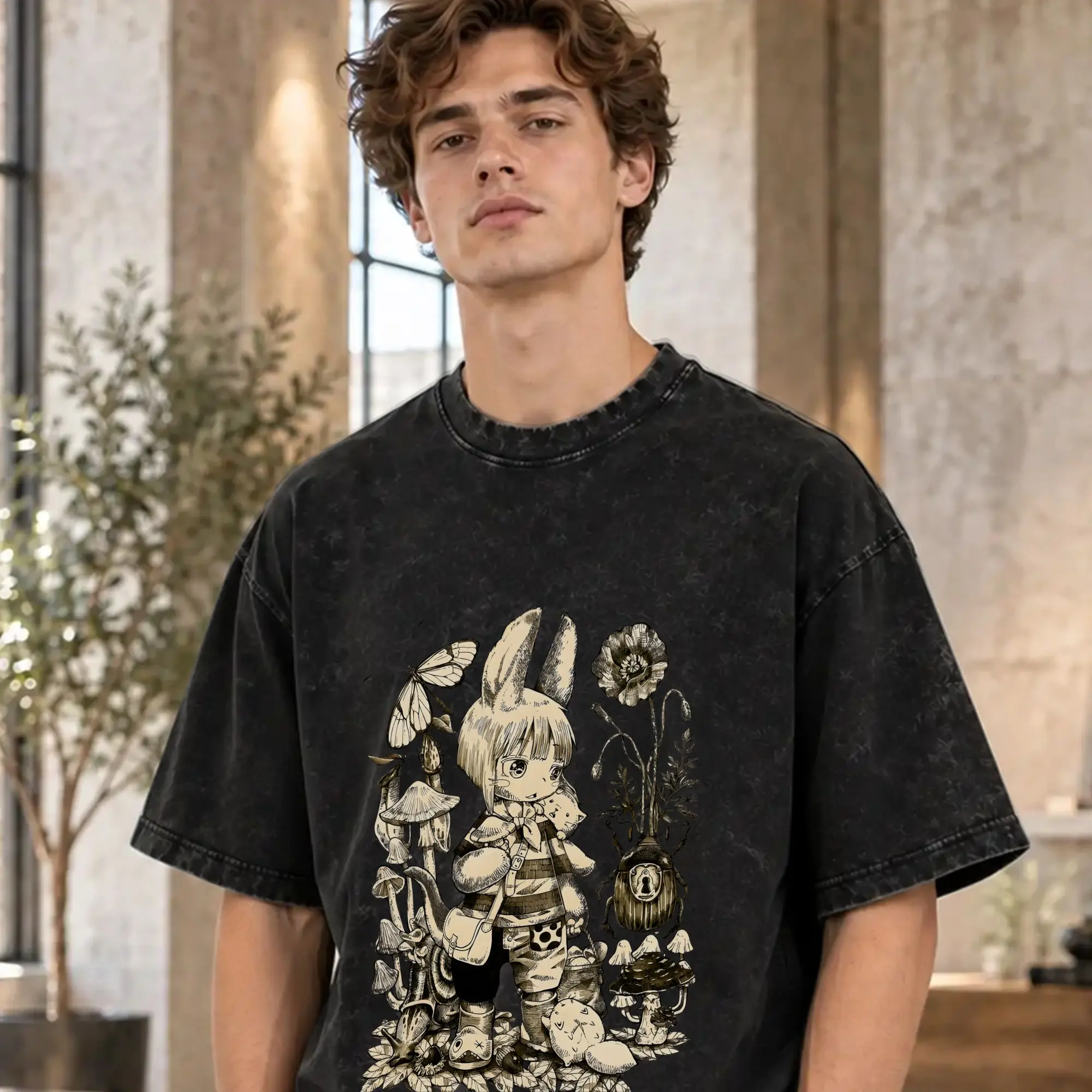 Made in Abyss Men's T Shirt Washed  Cool Tee Shirt Short Sleeve Crew Neck T-Shirts Pure Cotton Printed Tops