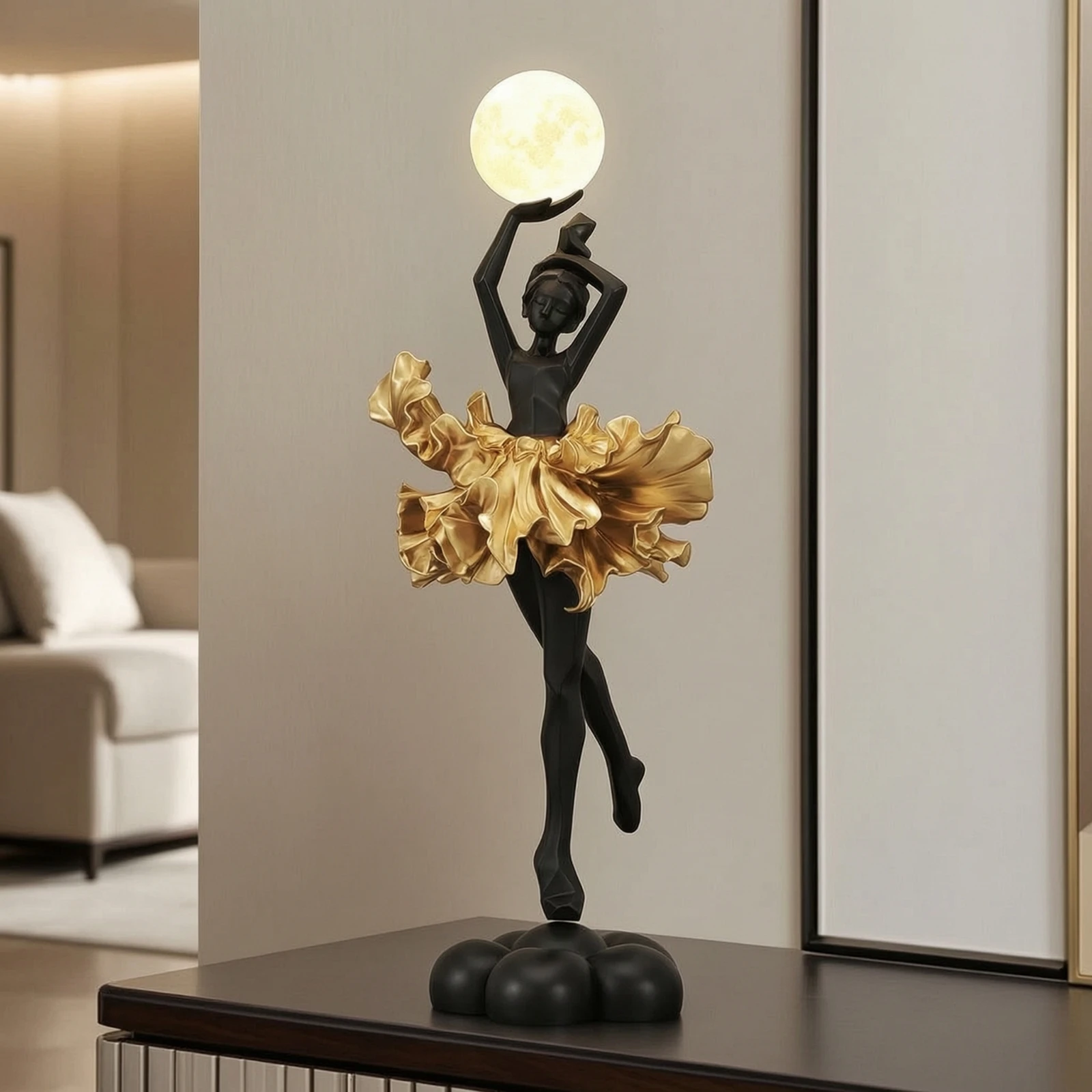 Ballerina Figurine with Glowing Sphere Elegant Ballerina Statue with Light Ballet Girl Figurine Tall Dancer Sculpture with Base
