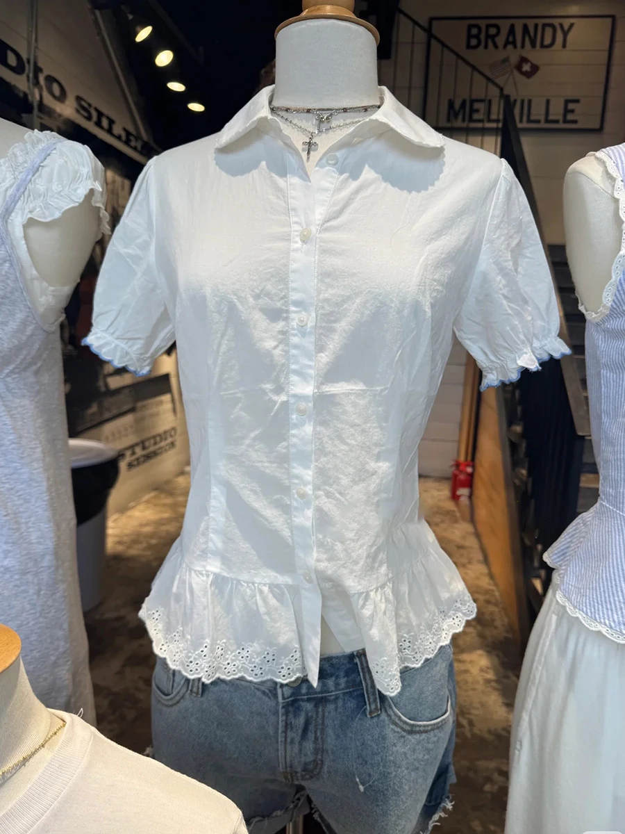 

White Lace Trim Slim Short Sleeve Blouse Women Peter Pan Collar Single Breasted Blouses Sweet Casual Fashion Hollow Out Shirts