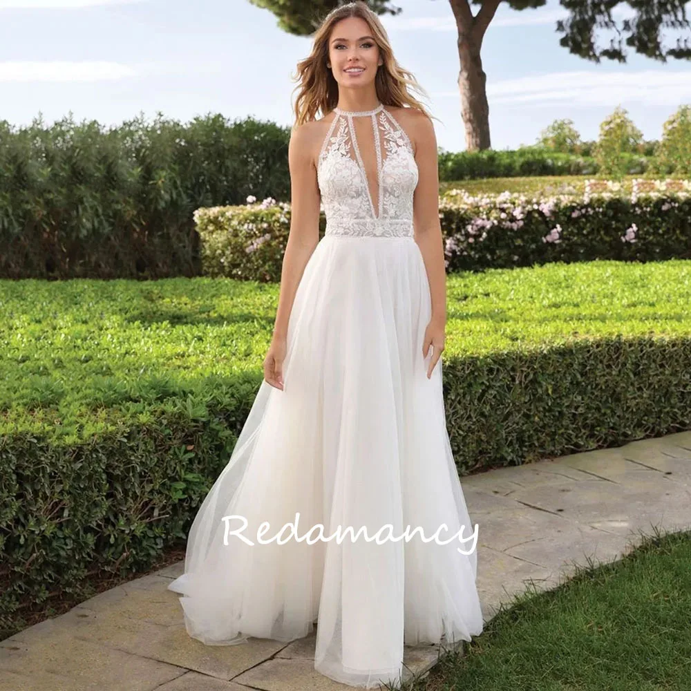 Redamancy Deep V Neck Summer Wedding Gowns Halter neck Sleeveless Bride Dress A line Tulle Lace Women Wedding Dress 2024 Custom