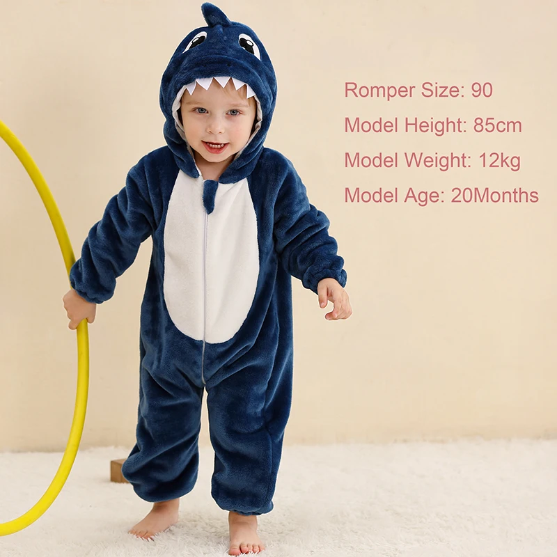 MICHLEY Shark Baby Rompers Winter Hooded Flannel Toddler Infant Clothes Overall Bodysuits Jumpsuit Costume For Kids Halloween