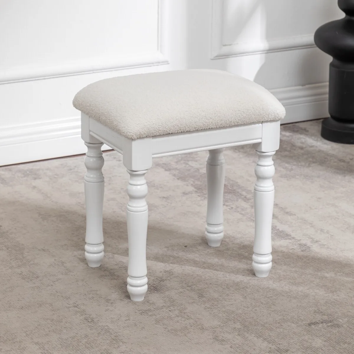 For Sherpa Vanity Stool, American Solid Wood White Princess Makeup Chair for Bedroom & Fitting Room
