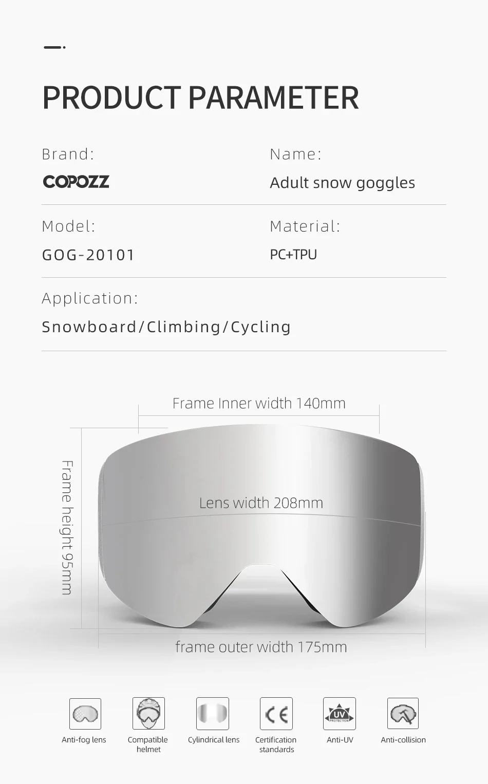 COPOZZ OTG Ski Goggle Snowboard Mask For Men Women Yellow Lens Case Eyewear Kit Cylindrical UV400 Protection Snow Glasses Adult