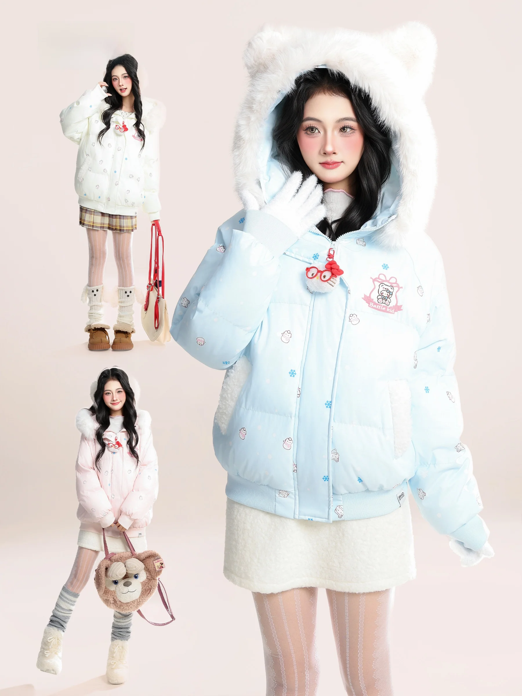 

HM Cute Cartoon Kit Pendant Polka Dot Thiened Cotton Jaet Women's Winter Bear Ear Hooded Bread Sle Coat