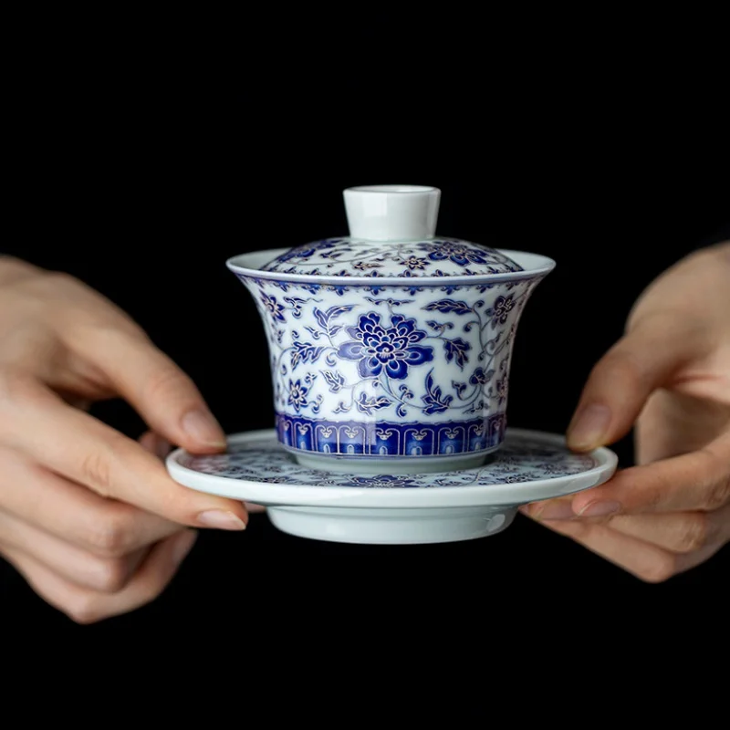 150ML Entangled Lotus Porcelain Gaiwan Set For Tea Tureen Teaware Cup Chinese Ceramic  Tea Bowls Tea Ceremony