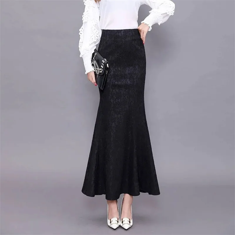 Autumn Female Hollow Out A-line Skirts Spring Women Solid Color Mermaid Long Skirts Korean Ladies New High Waist Lace Maxi Skirt